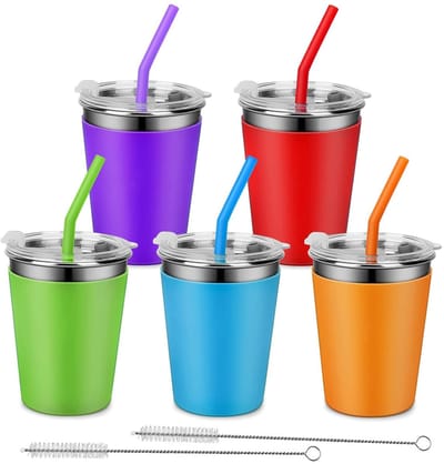 Dailygoods- Drinkbeker 350 ml - 5 Stuks Roestvrij Staal - Onbreekbaar - Herbruikbaar - Deksel/Rietje - Lekvrij met Siliconen Hoes - Beker