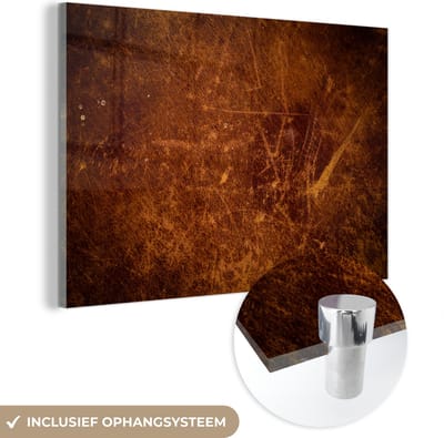MuchoWow® Glasschilderij 150x100 cm - Schilderij acrylglas - Leer - Lederlook - Bruin - Oranje - Foto op glas - Schilderijen