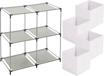 Urban Living Kastmandjes/opberg manden - wit - 4x stuks van 29L - Metalen rekje is 67 x 68 cm