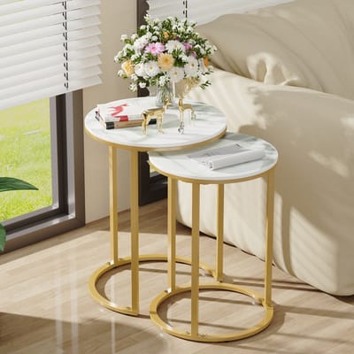 FATIVO Salontafels set Rond - Bijzettafel Marmerlook - gouden metalen frame - wit + goud, Ø40cm & Ø35cm