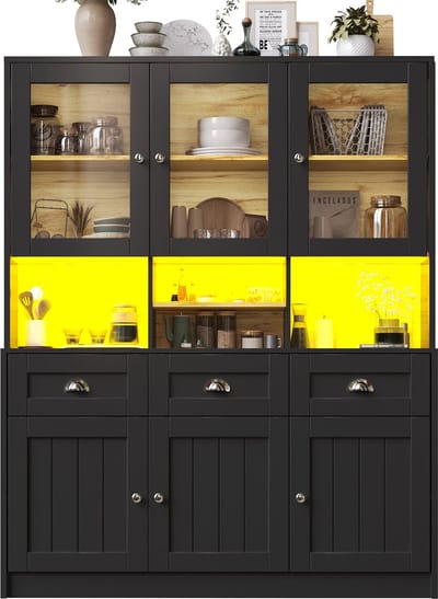 Keukenkast (140×40×175 cm), Hoge keukenkast, Vitrinekast, Buffetkast met Verstelbare Planken, Sideboard met LED-Verlichting, Variabele Lichtkleuren, Zwart