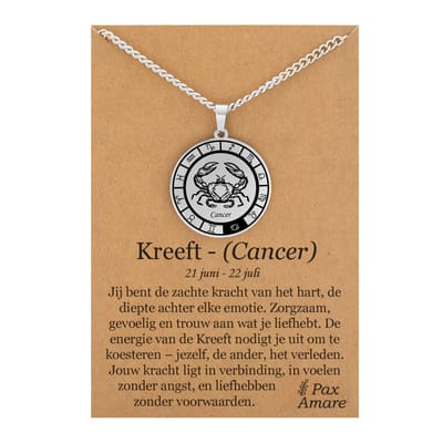 Sterrenbeeld Kreeft (Cancer) Ketting op Cadeau Kaartje - Zilverkleurig - Roestvrij Staal Zodiac Talisman - Stainless Steel - 60cm - Pax Amare