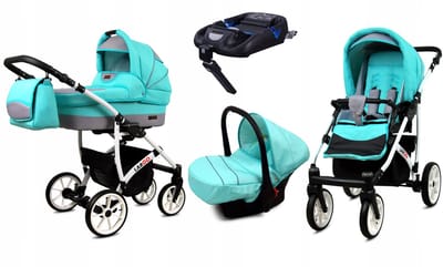BabyLux® Kinderwagen 4in1 – LARGO - MINT WHITE FRAME - Opklapbare Wandelwagen incl. Reiswieg, Multifunctionele Buggy Sportstoel, Autostoel, ISOFIX basisstation - Combi-kinderwagen met Luiertas, Regenhoes, Klamboe