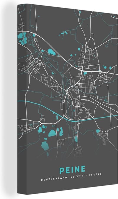 Canvas Schilderij Peine – Stadskaart – Blauw – Plattegrond – Stadskaart – Kaart - Duitsland - 20x30 cm - Wanddecoratie