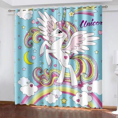 Gratis Verzending Roze Zwart Regenboog Eenhoorn Cartoon Raam Dunne Verduisterende Gordijn Kinderen Kinderen Voor Slaapkamer Woonkamer Decor Haken W50xH130(CM)x2PCS-Grommet Top