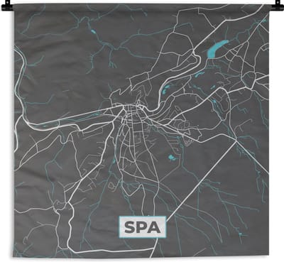 Wandkleed - Wanddoek - Plattegrond – Spa – Blauw – Stadskaart - Kaart - België - 180x180 cm - Wandtapijt