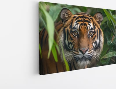 Saammp Canvas Schilderij - Jonge Tijger tussen de bladeren - Natuur - Dieren - 30x20 - Foto op canvas - Wanddecoratie - muurdecoratie Woonkamer - Slaapkamer decoratie - Canvas Print