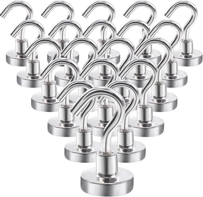 PromoHome 20 stuks magneethaken, kleine magneethaken, sterke magneten met haken, magnetische neodymium magnetische haken om op te hangen, keuken, camping, accessoires, 16 mm, zilver