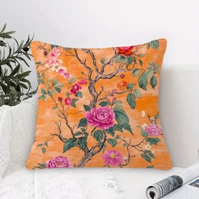 Sierkussenhoes 45x45 cm Oranje met Bloemen – Decoratieve Kussenhoes met Botanische Bloemenprint – Sierkussen Hoes voor Bank of Slaapkamer – Exclusief Binnenkussen