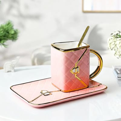 Luxe Keramische Koffiekop en Schotel Set met Lepel - 310ml Cappuccino Mok Cadeau