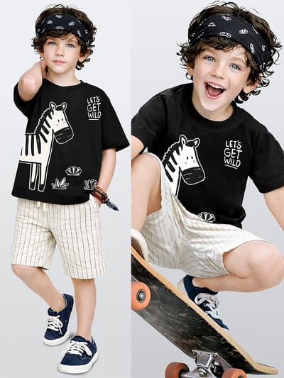 Denokids CFF-26Y1-149 Zwarte Jongens T-shirt en Geweven Linnen Look Gestreepte Short met Zebraprint 98