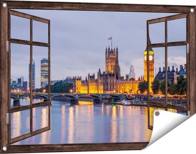 Gards Tuinposter Doorkijk London Big Ben en Westminster Brug - 90x60 cm - Tuindoek - Tuindecoratie - Wanddecoratie buiten - Tuinschilderij