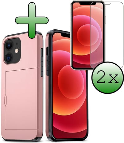 Hoes Geschikt voor iPhone 11 Hoesje Hard Case Met Pas Houder Met 2x Screenprotector - Hoesje Geschikt voor iPhone 11 Hoes Shockproof Hard Cover Met Kaarthouder - Rosé goud