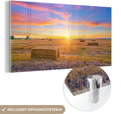 MuchoWow® Glasschilderij 40x20 cm - Schilderij acrylglas - Stro - Zon - Lucht - Landschap - Foto op glas - Schilderijen