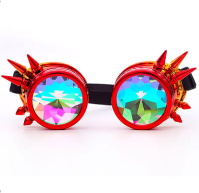 KIMU® Goggles Steampunk Bril Met Spikes - Rood Geel Montuur - Caleidoscoop Glazen - Olie Spacebril Space Caleidoscope - Vuur Poi Rave Festival