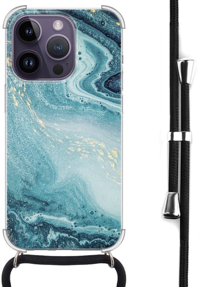 Hoesje met koord - Geschikt voor iPhone 14 Pro Max - Marmer blauw - Verstelbaar zwart koord - Transparant, Blauw - Marmer - Leuke Telefoonhoesjes