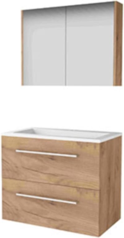 Basic-Line Comfort 46 Badkamermeubelset - 80 x 46 cm - Met Grepen - 2 Lades - Acryl Wastafel - 1 Kraangat - Spiegelkast - Whisky Oak