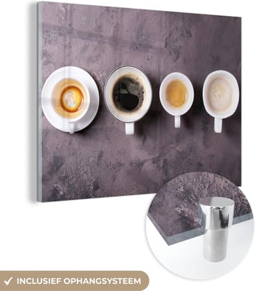 MuchoWow® Glasschilderij 120x90 cm - Schilderij acrylglas - Koffie - Keuken - Industrieel - Foto op glas - Schilderijen