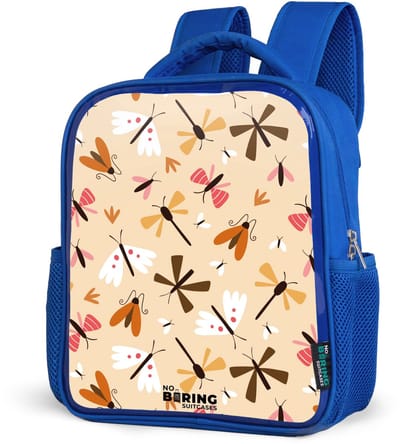 NoBoringSuitcases.com® - Rugzak blauw - Schooltas jongens - Insectenpatroon in bruin, roze en oranje op beige achtergrond - Kinder rugtas jongen - Boekentas kind - Kinderrugzak voor school - Schoolrugzak