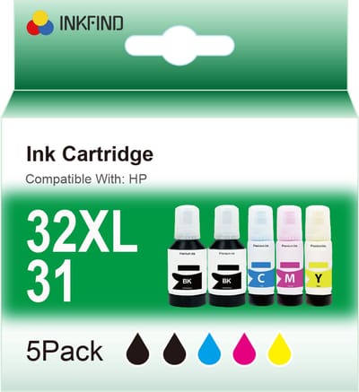 INKFIND 32XL 31 inkt geschikt voor HP32XL HP 32XL HP31 HP 31 1VV24AE 1VU26AE 1VU27AE 1VU28AE multipack van 5 stuks (2 x zwart, 1 x cyaan, 1 x magenta en 1 x geel) voor HP Smart tank 5106 HP Smart tank 7005 HP Smart tank 7300 7600