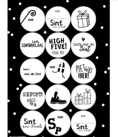 A5 stickervel - Sluitsticker Sinterklaas / Sint / Piet - 15 Assorti - Sluitzegel - Zwart / Wit - Envelop sticker - Kaart - Naamsticker / Naam | Cadeau – Gift – Cadeauzakje | Pakjesavond - 5 december - Loodje trekken - Suprise