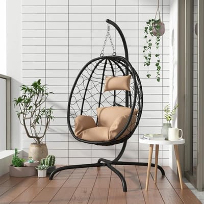 Hangstoel ei - Schommelstoel mand - Buiten ontspannen - Weerbestendig polyrotan - 106x103x195 cm - Taupe