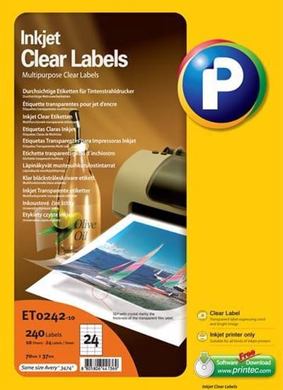 Printec Doorzichtige etiketten - Inktjet printer - 10 vel - 70x37mm - 24 labels per A4 - 240 transparante stickers