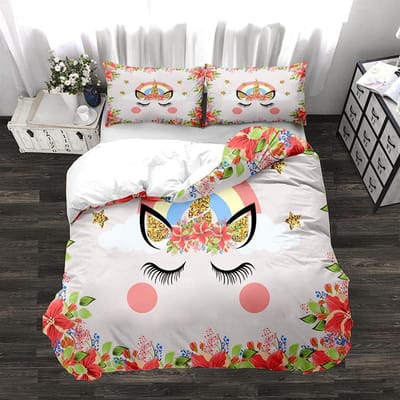 Eenhoorn Dekbedovertrek Set Cartoon Dieren Melkweg Ster Bloemen Beddengoed Set Voor Kinderen Meisjes Polyester Romantisch Thema Dekbedovertrek EU single(135x200cm)