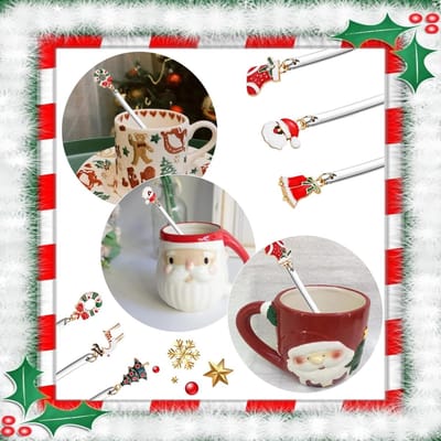 Set van 6 RVS Kerstlepels voor Thee en Dessert met Kerstdecoraties en Kerstboombelletjes