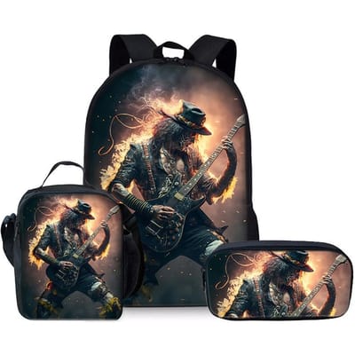 Klassiek Populair speel de gitaar 3D Print 3 stuks/Set leerling Schooltassen Laptop Dagrugzak Rugzak Crossbody Lunchtas Etui black