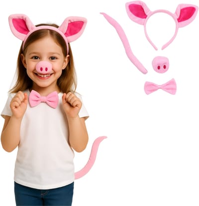 Joya Kids® Varken Verkleed Accessoires | Verkleedset Varkentje | Meisjes en Jongens en Volwassenen Verkleedpak Piggy | Carnaval en Halloween Outfit kinderen en Volwassen | Haarband met Oren, Neus, Staart en Strik | Roze