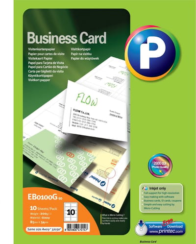 Printec Visitekaart Glossy - 10 Vel - 85x54mm - 10 Kaartjes Per A4 - 100 Kaartjes - 220 Gram Per m²