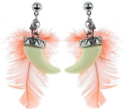 Behave oorbellen zilverkleur met veer en tand 6 cm