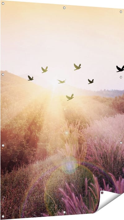 Gards Tuinposter Silhouet Zwerm Vogels bij Zonsondergang - 100x150 cm - Tuindoek - Tuindecoratie - Wanddecoratie buiten - Tuinschilderij