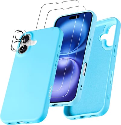 Hoesje Geschikt voor iPhone 16 – Zacht siliconen liquid backcover met 2x screenprotectors gehard glas en 1x lens protector – Licht Blauw