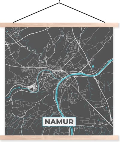 Posterhanger incl. Poster 40x40 cm - Schoolplaat - Plattegrond – Namur – Blauw – Stadskaart - Kaart - Textielposter - Blanke latten - Stadskaart