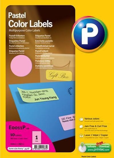 Printec Pastel Roze Etiketten - 10 Vel - 210x297mm - 1 Label Per A4 - 10 Stickers