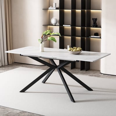 Wishdor - Uitschuifbare Eettafel - Kruispoot - Marmerlook - Modern - MDF En Metaal - Zwart Wit