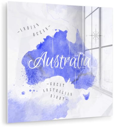 ® Glasschilderij 90x90 cm - Schilderij acrylglas - Wereldkaart - Australië - Blauw - Foto op glas - Muurdecoratie woonkamer - Wanddecoratie slaapkamer - Schilderijen