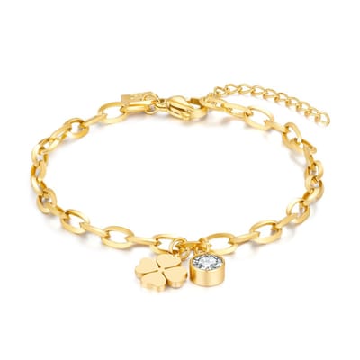 Twice As Nice Armband in goudkleurig edelstaal, ovale schakels, klaver, 1 kristal 16cm+3cm