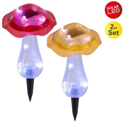 Solar Paddenstoelen spiesjes tuindeco "Mantar" Ø 13 cm 29 cm hoog kunststof Rood en Geel geïntegreerde LED koud wit