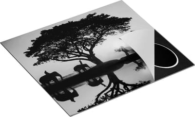 Chefcare Inductie Beschermer Olifanten Familie bij een Boom - Zonsondergang - Zwart Wit - 60x50 cm - Afdekplaat Inductie - Kookplaat Beschermer - Inductie Mat