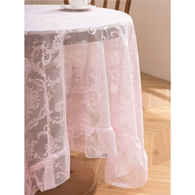 Roze Vintage Kant Rond Tafelkleed, Bloemenborduuur Doorzichtig Tafelkleed met Rucherand, Lichtdoorlatend Transparant Tafelkleed 140x180cm