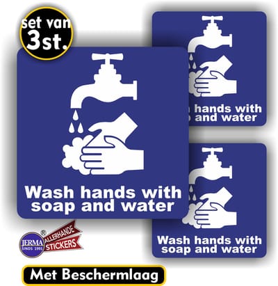 Jerma - Wash hands with soap and water - Stickers - set 3 st - 1x 15x15 - 2x 10x10 cm - Krasbestendig