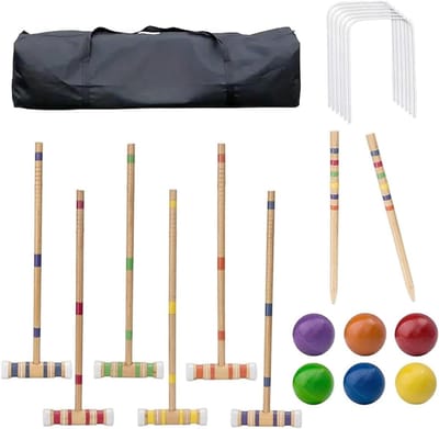 Houten Balspel Set - Buitenspel - Familieplezier Buiten - Inclusief Draagtas - 6 Spelers - Natuurlijk Hout
