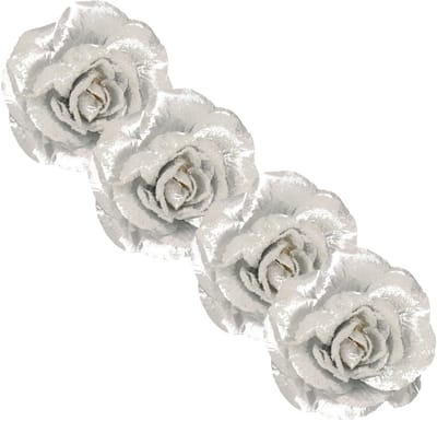 Kerstboomversiering Bloem - 4x stuks - 12 cm - zilver glitter - op clip - ornament - roos