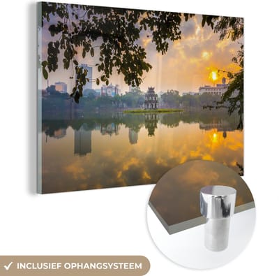 ® Glasschilderij 180x120 cm - Schilderij acrylglas - Hanoi - Meer - Zon - Foto op glas - Muurdecoratie woonkamer - Wanddecoratie slaapkamer - Schilderijen