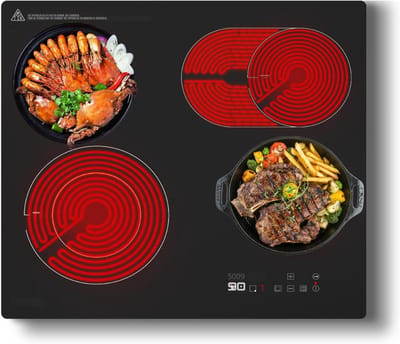 REN® Elektrische Kookplaat 4 Pits - Elektrische Fornuis - Elektrische Kookplaat Vrijstaand - 4 Kookzones - Kinderslot - Keramische Houtnerf - Zwart - 60cm x 52cm x 6cm