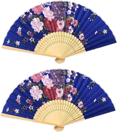 Opvouwbare ventilatoren set voor dames en meisjes - zomerdecoratie - Japans thema - oude bamboe design - blauwe bloem - one size