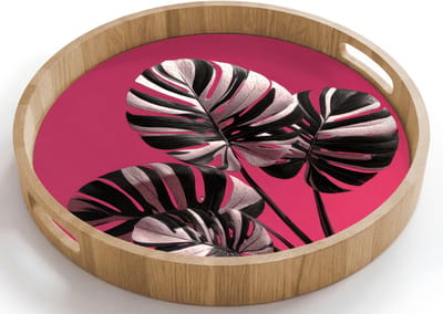 Dienblad rond 40x40 cm - Schootdienblad hout - Bladeren - Rond - Roze - Borrelplank rechthoek - Plateau houten dienbladen